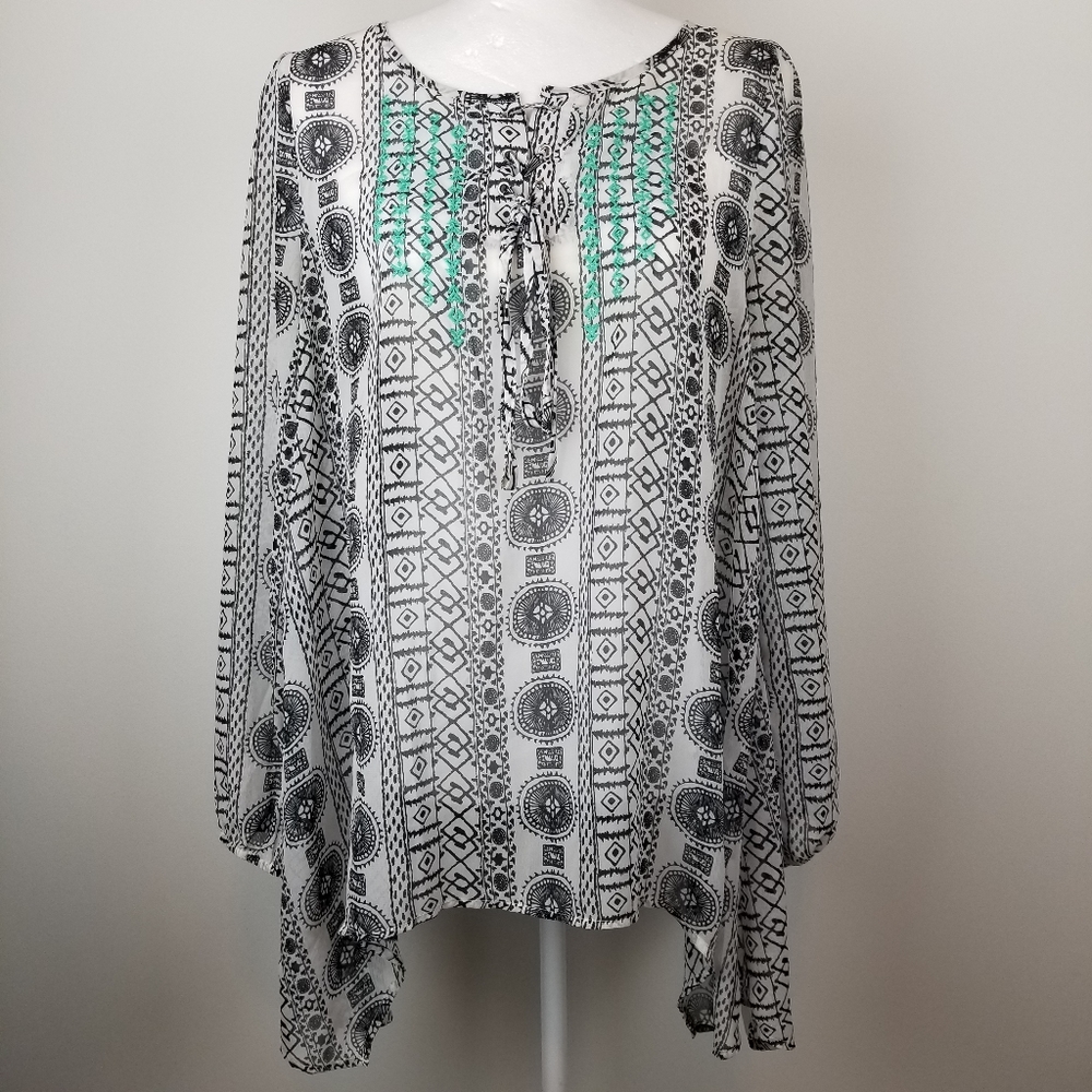 Kori America Sheer Swim Cover Up Boho Tunic Top S Black White Beach